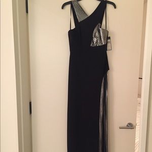 bcbg pleated metallic halter gown